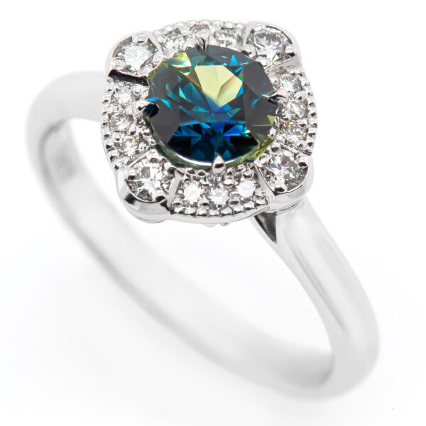 Australian Green-Blue Parti Sapphire Ring Diamond Halo in White Gold by World Treasure Designs