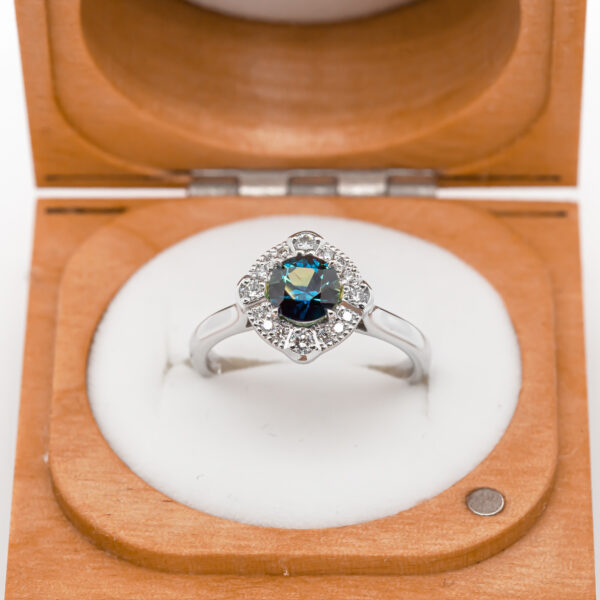 Australian Green-Blue Parti Sapphire Ring with a Diamond Halo in White Gold by World Treasure Designs