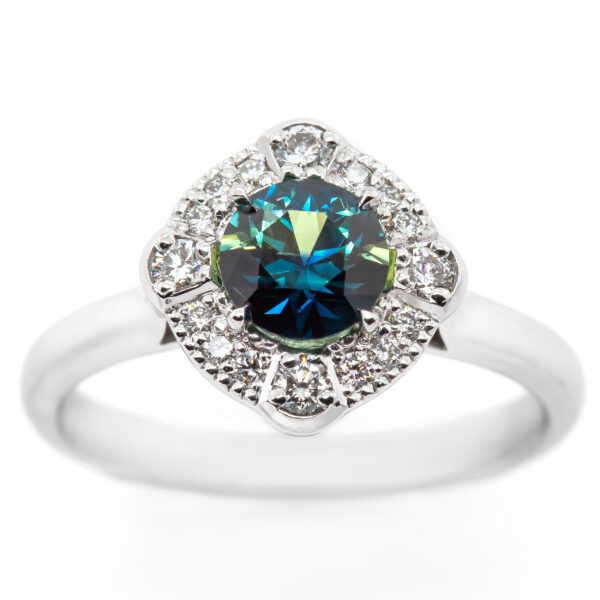 Australian Green-Blue Parti Sapphire Ring with Diamond Halo in White Gold by World Treasure Designs