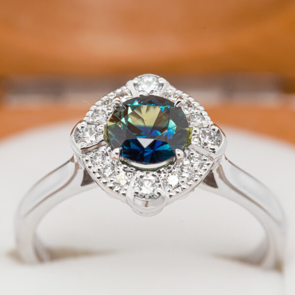 Australian Green-Blue Parti Sapphire With Diamond Halo Ring in White Gold by World Treasure Designs