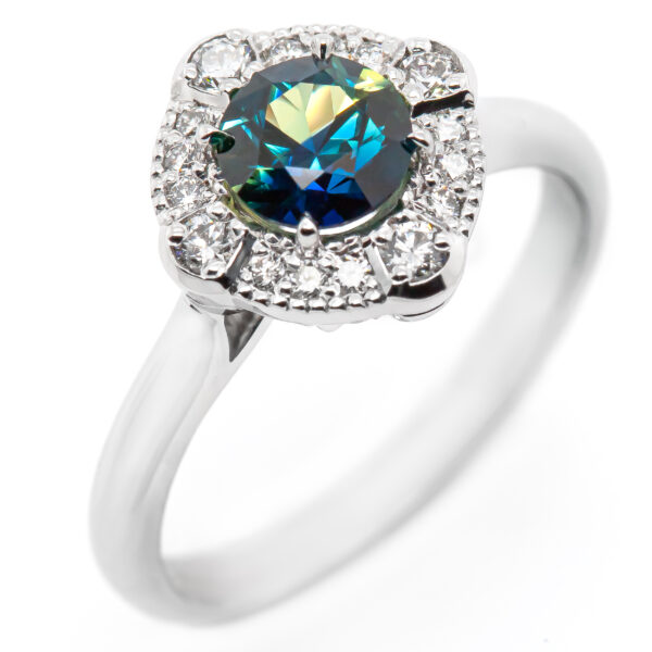 Australian Green-Blue Parti Sapphire with Vintage Style Diamond Halo Ring in White Gold by World Treasure Designs