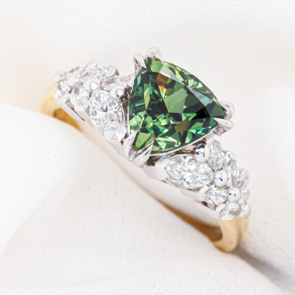 Australian Green Sapphire Trilliant Cut with Marquise Diamonds Ring in Yellow and White Gold by World Treasure Designs