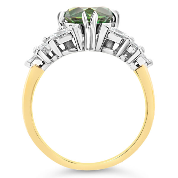 Australian Green Tri-Cut Parti Sapphire Ring with Marquise Diamonds in Yellow and White Gold by World Treasure Designs
