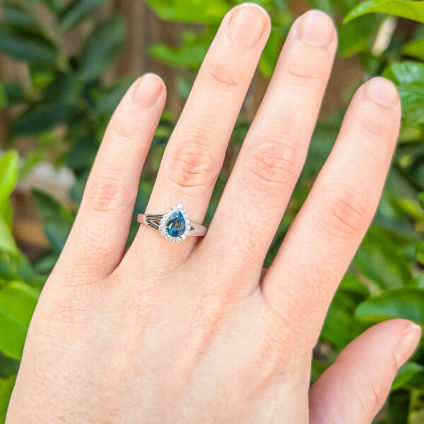 Australian Teal-Blue Parti Sapphire and Diamond Halo Ring in White Gold by World Treasure Designs