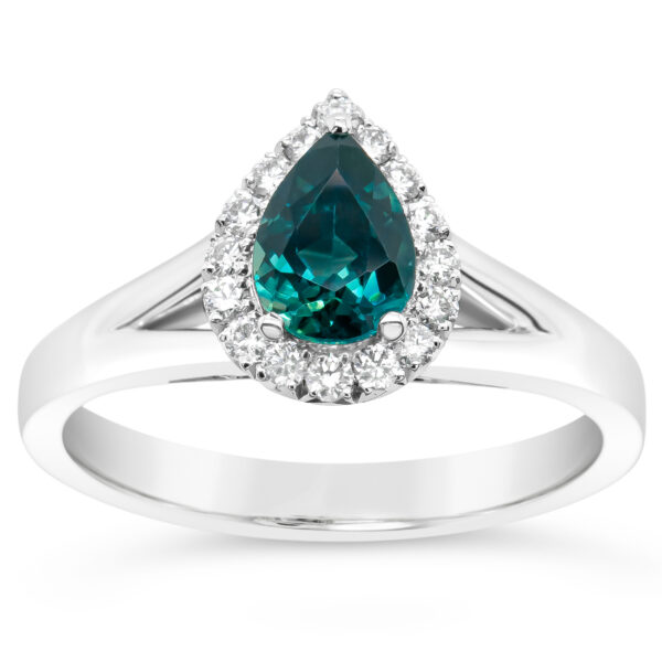 Australian Teal Pear Cut Sapphire Diamond Halo Ring in White Gold by World Treasure Designs