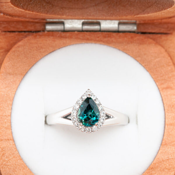 Australian Teal Pear Cut Sapphire Ring in White Gold by World Treasure Designs