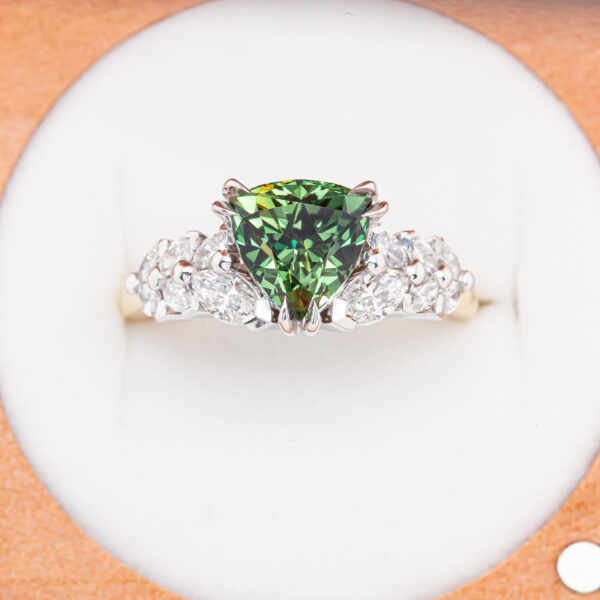 Australian Trilliant Cut Green Parti Sapphire and Marquise Diamond Ring in Yellow and White Gold by World Treasure Designs
