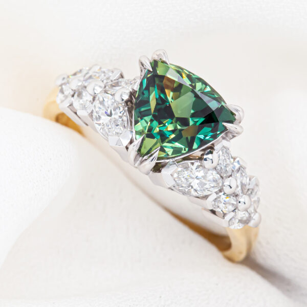 Teal Green Parti Sapphire Ring in Yellow and White Gold by World Treasure Designs