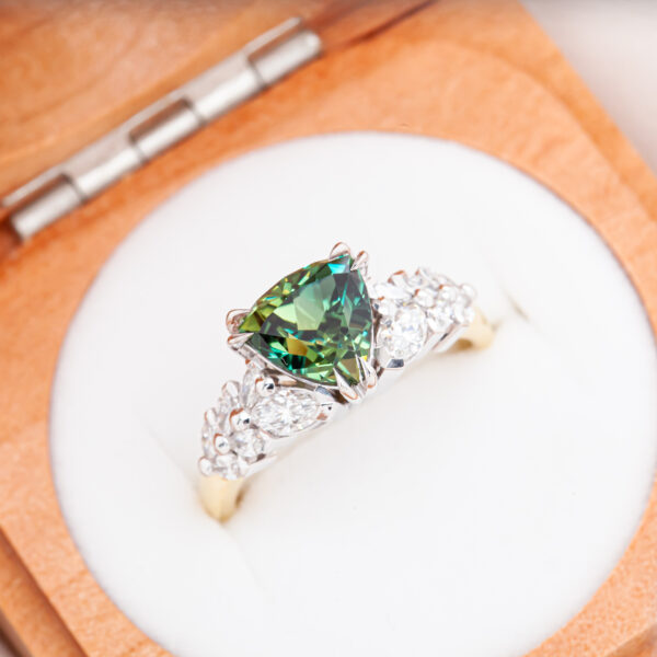 Green-Yellow Parti Sapphire Ring with Diamonds in Yellow and White Gold by World Treasure Designs