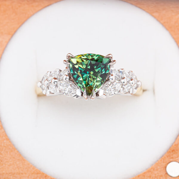Teal Green Parti Sapphire Ring With Diamonds in Yellow and White Gold by World Treasure Designs