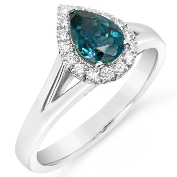 Pear Cut Australian Blue Teal Parti Sapphire and Diamond Halo Ring in White Gold by World Treasure Designs