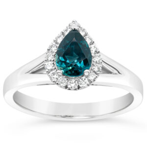 Pear Cut Australian Teal Blue Parti Sapphire and Diamond Halo Ring in White Gold by World Treasure Designs
