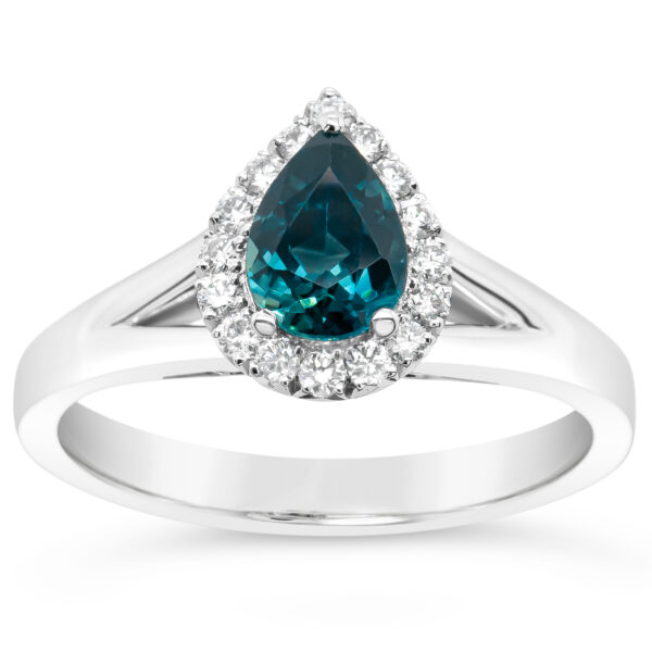 Pear Cut Australian Teal Blue Parti Sapphire and Diamond Halo Ring in White Gold by World Treasure Designs