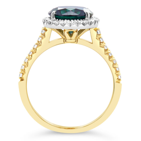 Teal-Blue Parti Sapphire Diamond Halo Ringin Yellow and White Gold by World Treasure Designs