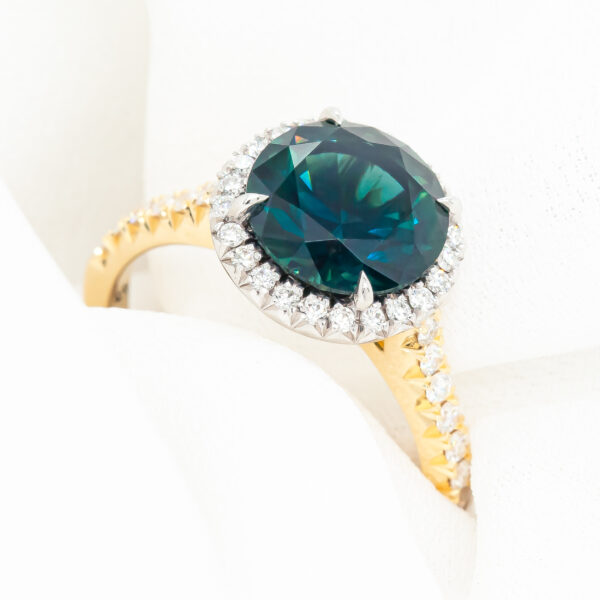 Teal-Blue Parti Sapphire Ring Diamond Halo in Yellow and White Gold by World Treasure Designs