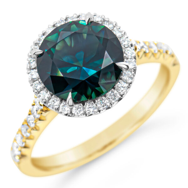 Teal-Blue Parti Sapphire and Diamond Halo Ring in Yellow and White Gold by World Treasure Designs