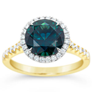 Teal Blue Parti Sapphire with Diamond Halo Ring in Yellow and White Gold by World Treasure Designs