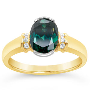 Australian Blue-Green Parti Oval Sapphire Ring with Diamonds in Yellow and White Gold by World Treasure Designs