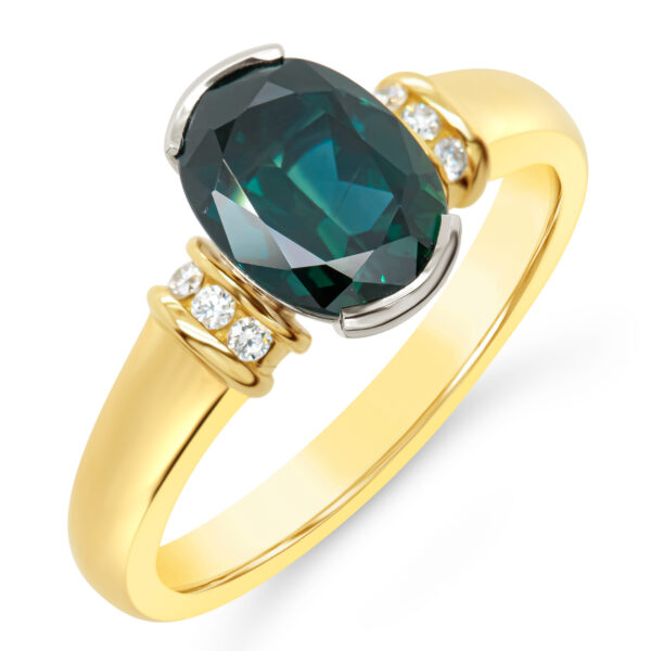 Australian Blue-Green Parti Oval Sapphire with Diamonds Ring in Yellow and White Gold by World Treasure Designs