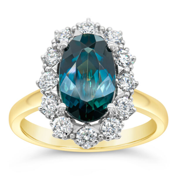 Australian Blue Parti Sapphire Diamond Halo Ring in Yellow and White Gold by World Treasure Designs