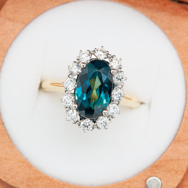Australian Blue Parti Sapphire Ring Diamond Halo in Yellow and White Gold by World Treasure Designs
