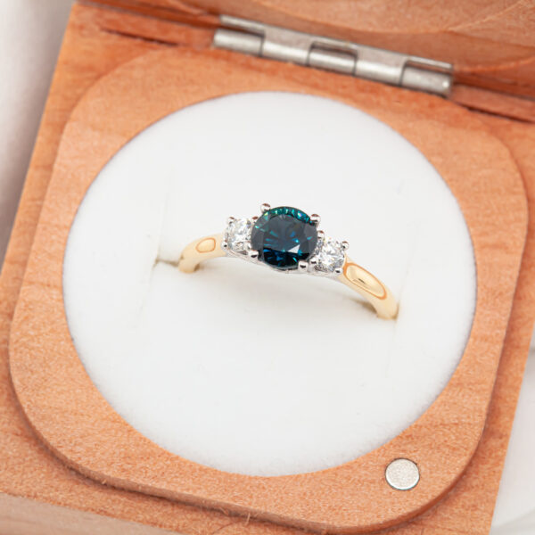 Australian Blue Parti Sapphire Trilogy Ring with Diamonds in White and Yellow Gold by World Treasure Designs
