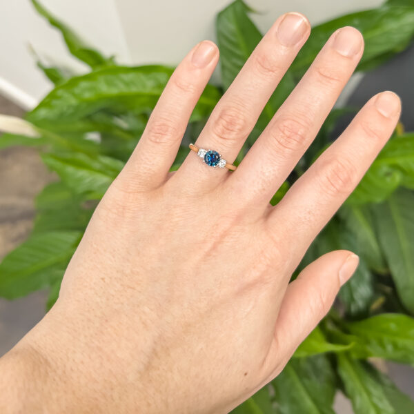Australian Blue Parti Sapphire Trilogy Ring in White and Yellow Gold by World Treasure Designs