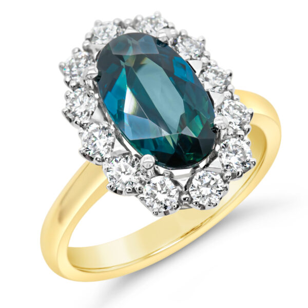 Australian Blue Parti Sapphire with Diamond Halo in Yellow and White Gold by World Treasure Designs
