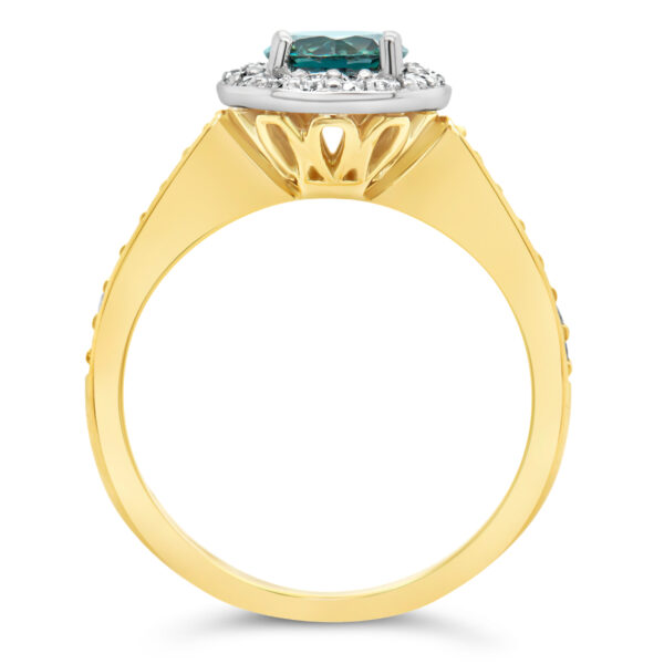 Australian Coastal Blue Parti Sapphire Ring with Diamond Halo in Yellow and White Gold by World Treasure Designs