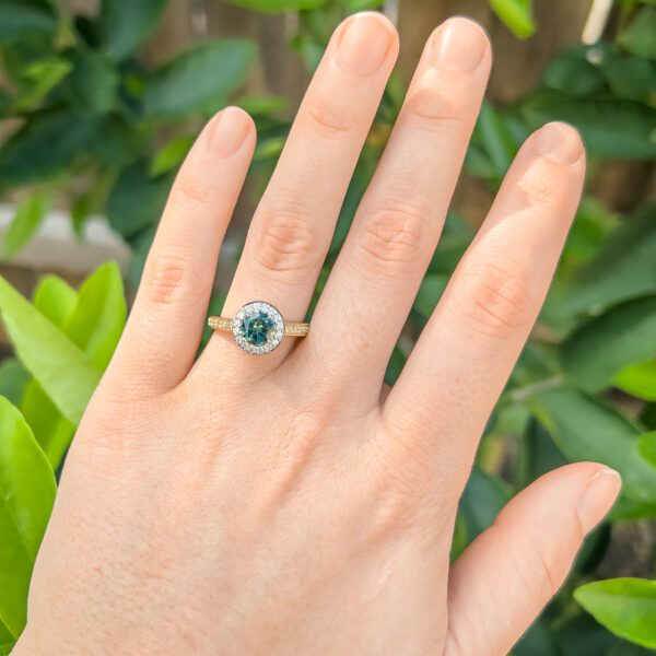 Australian Coastal Blue Parti Sapphire and Diamond Halo Ring in Yellow and White Gold by World Treasure Designs