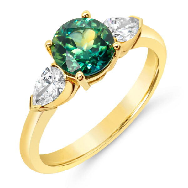 Australian Green-Blue Parti Sapphire Ring with Pear Diamonds in Yellow Gold by World Treasure Designs
