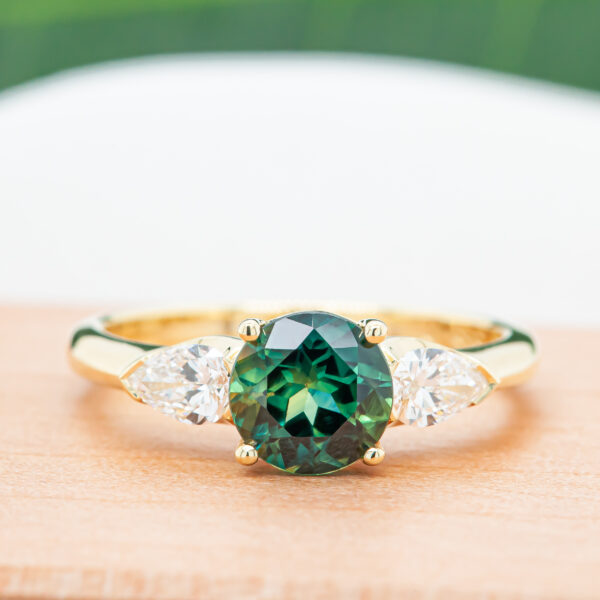 Australian Green-Blue Parti Sapphire and Pear Diamond Ring in Yellow Gold by World Treasure Designs