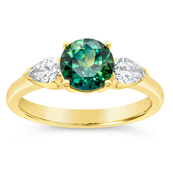 Australian Green-Blue Parti Sapphire Ring with Two Pear Diamonds in Yellow Gold by World Treasure Designs