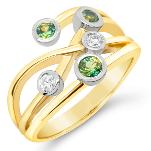Australian Green Sapphire Diamond Ring in Yellow and White Gold by World Treasure Designs