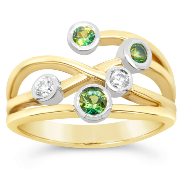 Australian Green Sapphire Ring with Diamonds in Yellow and White Gold by World Treasure Designs