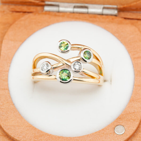 Australian Green Sapphire and Two Diamond Ring in Yellow and White Gold by World Treasure Designs