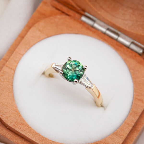 Australian Mint Green Sapphire Baguette Diamond Ring in Yellow and White Gold by World Treasure Designs