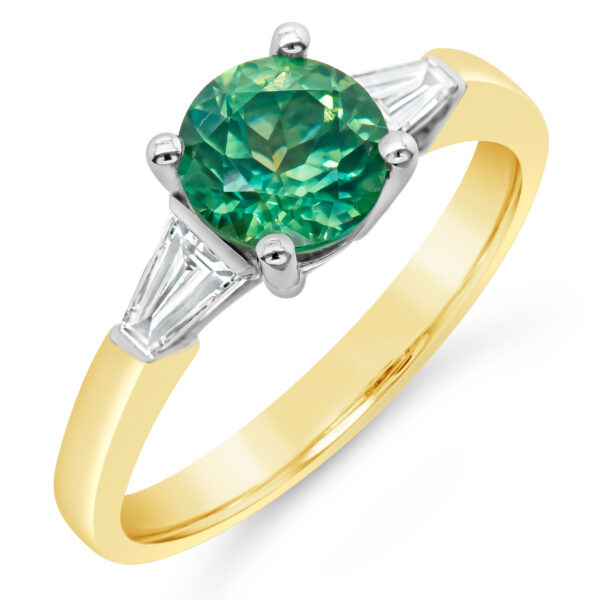 Australian Mint Green Sapphire and Baguette Diamond Ring in Yellow and White Gold by World Treasure Designs