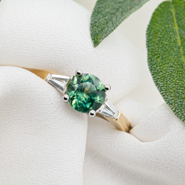 Australian Mint Green Sapphire with two Baguette Diamonds Ring in Yellow and White Gold by World Treasure Designs