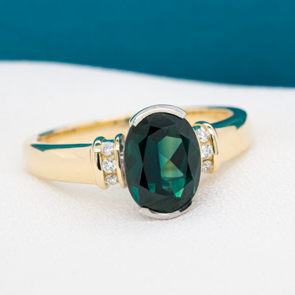 Australian Oval Blue-Green Parti Sapphire and Diamond Ring in Yellow and White Gold by World Treasure Designs
