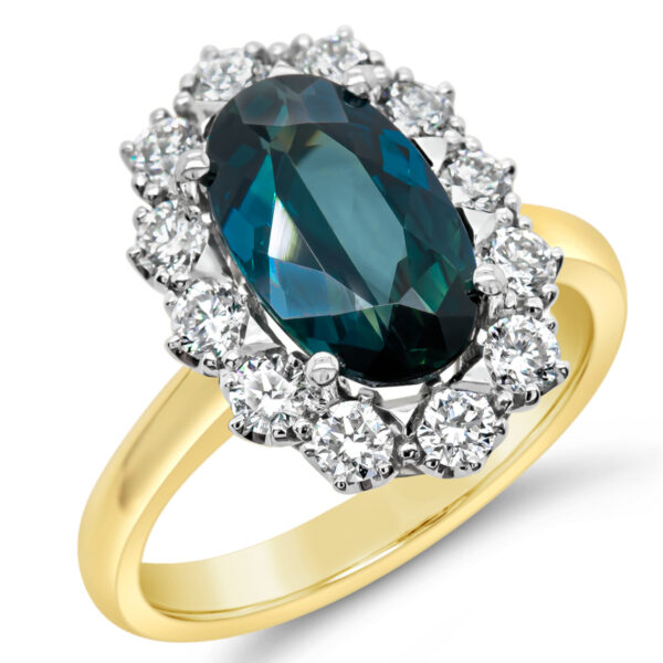 Blue Parti Sapphire Oval Ring with Diamond Halo in Platinum and Yellow Gold by World Treasure Designs