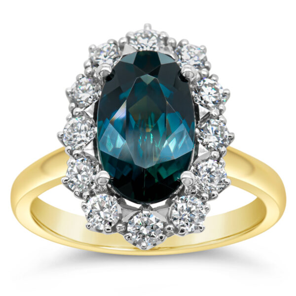 Australian Blue Parti Sapphire with Diamond Halo in Platinum and Yellow Gold by World Treasure Designs