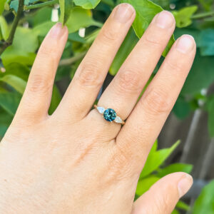 Australian Blue-Green Parti Sapphire Ring with Pear Cut Diamonds in Yellow Gold by World Treasure Designs