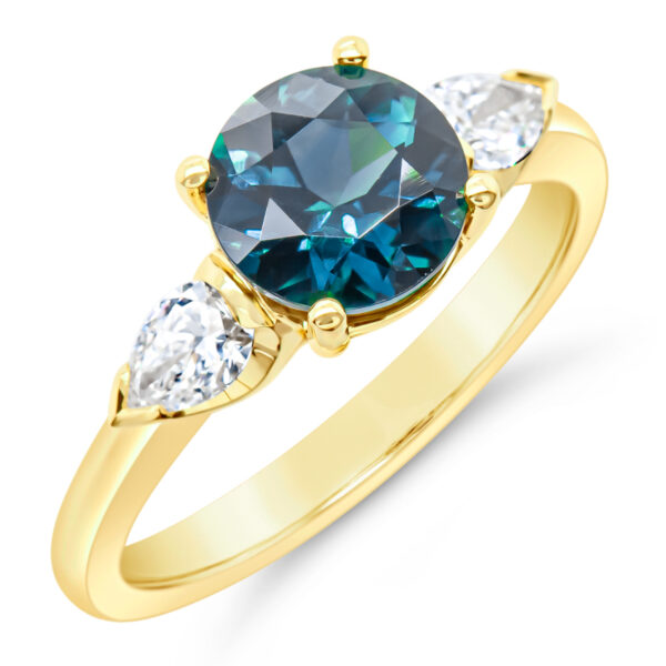Australian Blue-Green Parti Sapphire Ring with Two Pear Cut Diamonds in Yellow Gold by World Treasure Designs