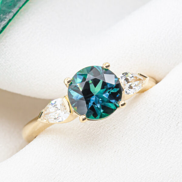 Australian Blue-Green Parti Sapphire Ring with Pear Cut Diamonds in Yellow Gold by World Treasure Designs