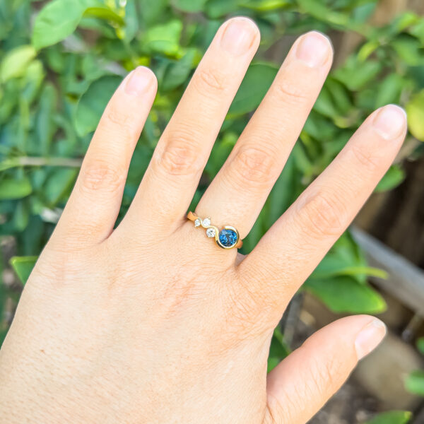 Australian Blue Parti Sapphire Ring with Band of Diamonds in Yellow Gold by World Treasure Designs