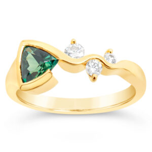 Australian Green-Blue Parti Tri-Cut Sapphire Ring with Diamonds in a wavy band in Yellow Gold by World Treasure Designs