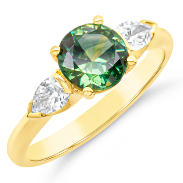 Australian Green Parti Sapphire Ring with Diamonds in Yellow Gold by World Treasure Designs