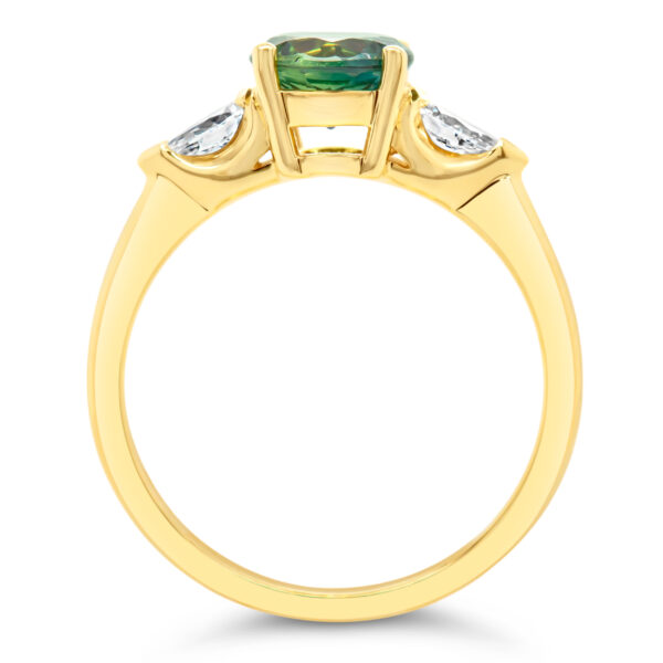 Australian Green Parti Sapphire Ring with two Pear Cut Diamonds in Yellow Gold by World Treasure Designs