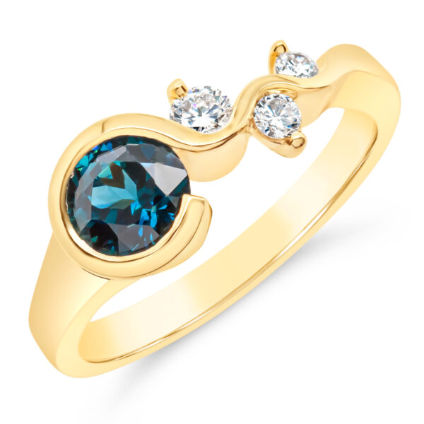 Australian Blue Parti Round Sapphire with Diamonds Ring in Yellow Gold by World Treasure Designs